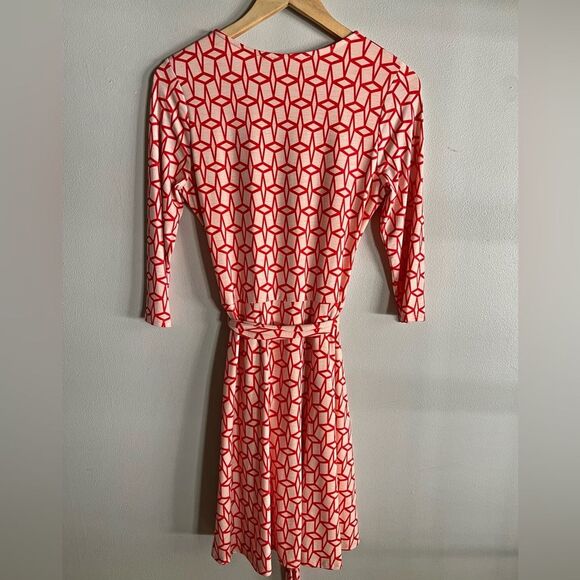 41 Hawthorn Red Geometric Print Wrap Dress M Long Sleeve Belted Knit - Picture 6 of 8